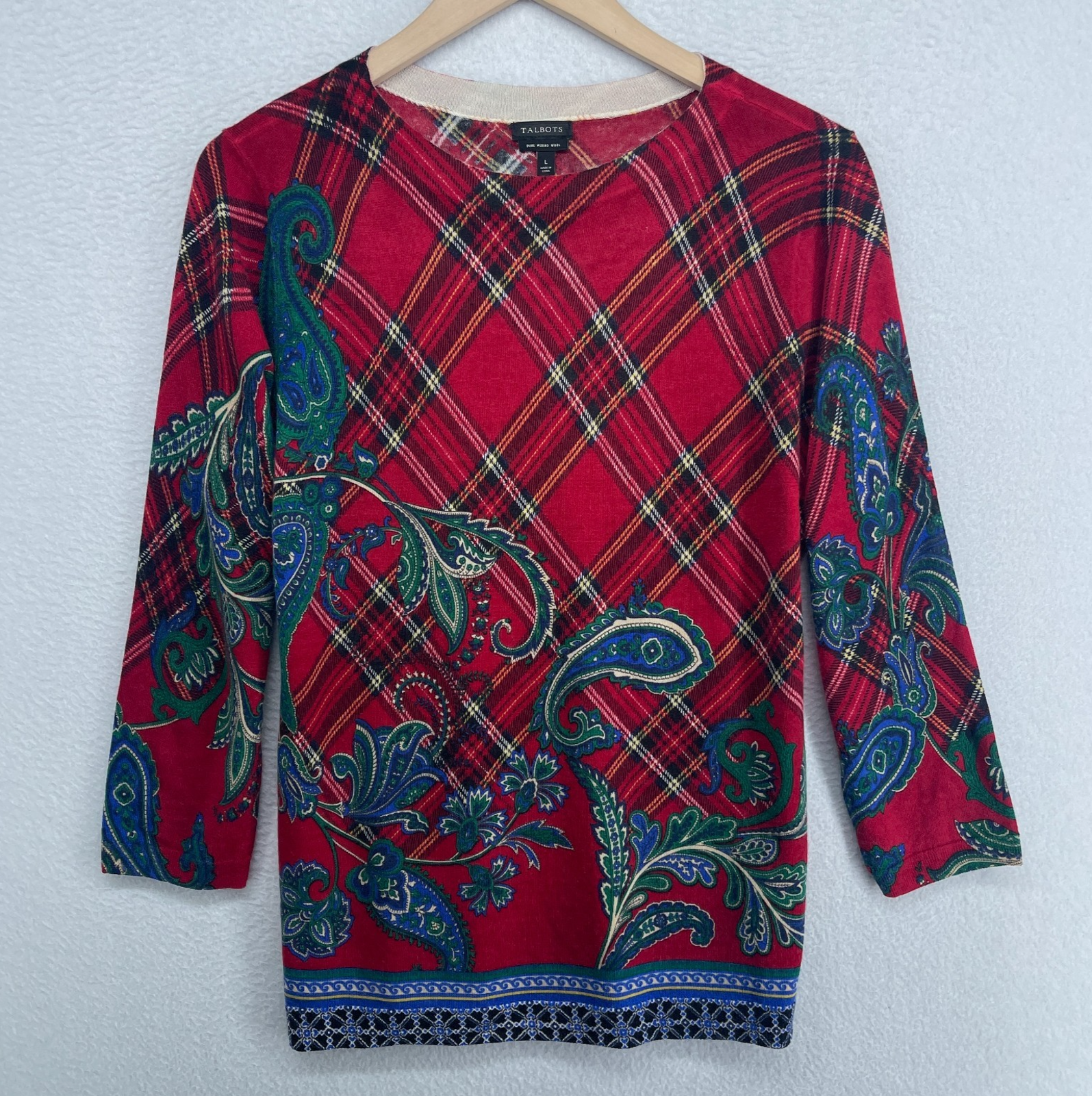 Talbots Sweater L Pure Merino Wool Paisley Plaid 3/4 Sleeve Pullover Top Red